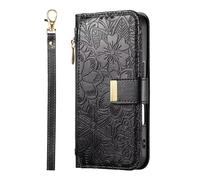 Funda de piel para Vivo Y03 4G/Y18, estampado floral, funda con cremallera, funda para teléfono móvil con ranura para tarjetas, función atril, funda de piel con tapa para Vivo Y03 4G/Y18, color negro