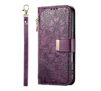 Funda de piel para Vivo Y19S, estampado floral, funda con cremallera, funda para teléfono móvil con ranura para tarjetas, función atril, funda de piel con tapa para Vivo Y19S, color lila