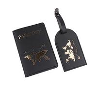 Funda de piel sintética para pasaporte, etiqueta de equipaje, para mujeres, hombres, parejas, regalo de boda, cartera de viaje, soporte para pasaporte de cuero para mujer, Black, 2 piece set, Mass