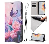 Funda de piel sintética para teléfono móvil Motorola Moto G35 5G, funda de piel sintética con tapa y función atril, diseño de mariposa rosa