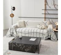 Funda de sofá de felpilla gris claro a cuadros de 180 x 320 cm con delicados flecos, lavable, protector de sofá de esquina, elegante decoración del hogar