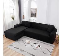 Funda de sofá de poliéster elástica en forma de L, suave, protector de muebles de 4 plazas, color negro, fácil de limpiar