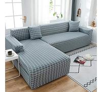 Funda de sofá elástica con reposabrazos para niños, cómoda sala de estar y dormitorio, diseño de cuadrícula azul, se adapta a sofás de 2 y 2 plazas