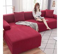 Funda de sofá en forma de L para 5 plazas, fácil de llevar, tela elástica, lavable, se adapta a 4 + 4 plazas, color rojo vino, perfecta para decoración y protección del hogar