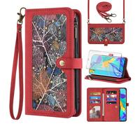 Funda de teléfono para Huawei P30 Pro Funda tipo cartera con protector de pantalla de vidrio templado, correa de muñeca cruzada de cuero con patrón de cremallera, tarjetero de crédito, soporte celular