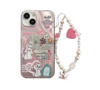 Funda de TPU suave con cadena de cuentas y cordón para la muñeca para Apple Marie Cat The Aristogats Kitty Heart Pink Bow Animation Cartoon Anime Cute Lovely Shiny Kids Girls Women (para iPhone 16 Pro