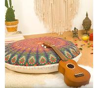 Funda Decorativa de cojín de meditación y Yoga al Estilo Bohemio y con diseño de mándalas - La Funda de la Almohada Redonda de meditación (Zafu) de 75 cm/de algodón 100% orgánico Pintado a Mano por