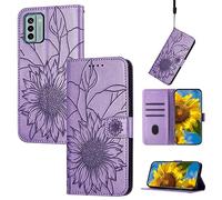 Funda delgada para Nokia G22 con tarjetero, cubierta floral en relieve, funda de piel con tapa a prueba de golpes, funda protectora para mujer (morado claro)