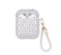 Funda Diamante Brillante para Apple Airpods, Funda Protectora de Silicona Suave a Prueba de Golpes para Airpods 2&1, Estuche Protectora Anti-Deslizante con Llavero de Perlas - Transparente