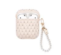 Funda Diamante Brillante para Apple Airpods, Funda Protectora de Silicona Suave a Prueba de Golpes para Airpods 2&1, Estuche Protectora Anti-Deslizante con Llavero de Perlas - Blanco