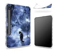 Funda diseñada para Samsung Galaxy Tab S8 Plus 2022/S7 FE 2021/S7 Plus 2020 de 12.4 pulgadas con soporte para bolígrafo S, parte trasera transparente con gato negro en nieve, cubierta delgada de TPU