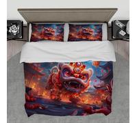 Funda edredón Ropa Cama Lion Dance 3 Piezas Juegos Foto año Nuevo Chino Arte Tradicional Funda edredón con Cierre Cremallera y 2 Fundas Almohada 155x200cm