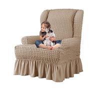 Funda Elástica De Sillón Orejero,Terciopelo Funda De Sillón, Fundas para Sillones Orejeros 1 Plaza, Fundas para Sillones con Respaldo De ala con Volantes (Khaki)