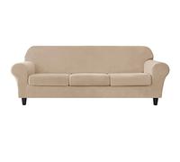 Funda elástica de terciopelo para sofá de 4 piezas, 3 plazas con 3 fundas de cojín de asiento separadas, colección protectora de muebles, juego dividido (color caqui)