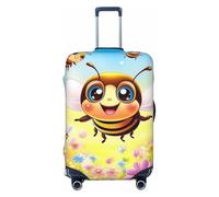 Funda elástica para equipaje de viaje, diseño de abejas de dibujos animados en campos de flores coloridas, antiarañazos, Black, XL
