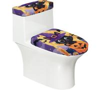 Funda elástica para tapa de inodoro y tanque de inodoro con parte inferior elástica, funda suave para asiento de inodoro de Halloween, dibujos animados, bruja, gato, calabaza, para decoración del