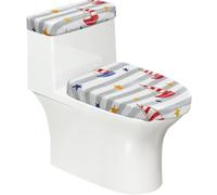 Funda elástica para tapa de inodoro y tanque de inodoro con parte inferior elástica, funda suave para asiento de inodoro, bonitos veleros náuticos en rayas para decoración del hogar, juego de 2