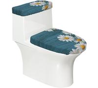 Funda elástica para tapa de inodoro y tapa de inodoro con parte inferior elástica, funda suave para asiento de inodoro, margaritas blancas florales sobre madera azul para decoración del hogar, juego
