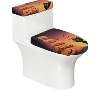 Funda elástica para tapa de inodoro y tapa de tanque de inodoro con parte inferior elástica, funda suave para asiento de inodoro de Halloween, gato negro, calabaza, para decoración del hogar, juego de