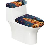 Funda elástica para tapa de inodoro y tapa de tanque de inodoro con parte inferior elástica, funda suave para asiento de inodoro de Halloween, gato negro, calabaza para decoración del hogar, juego de
