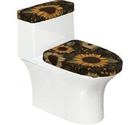Funda elástica para tapa de inodoro y tapa de tanque de inodoro con parte inferior elástica, funda suave para asiento de inodoro, girasoles rústicos, conos de pino sobre madera para decoración del