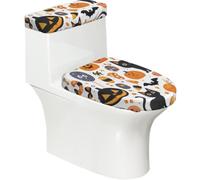 Funda elástica para tapa de inodoro y tapa de tanque de inodoro con parte inferior elástica, funda suave para asiento de inodoro de dibujos animados de Halloween, gato negro, murciélago, caramelo para