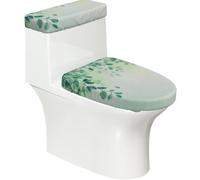 Funda elástica para tapa de inodoro y tapa de tanque de inodoro con parte inferior elástica, funda suave para asiento de inodoro para primavera y verano, hojas botánicas verdes para decoración del