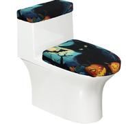 Funda elástica para tapa de inodoro y tapa de tanque de inodoro con parte inferior elástica, funda suave para asiento de inodoro, Halloween, luna, noche, gato negro, para decoración del hogar, juego