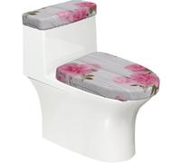 Funda elástica para tapa de inodoro y tapa de tanque de inodoro con parte inferior elástica, funda suave para asiento de inodoro, rosas rosas rosas en tablero de madera de granja para decoración del