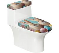 Funda elástica para tapa de inodoro y tapa de tanque de inodoro con parte inferior elástica, funda suave para asiento de inodoro, bonitos conejitos, huevos de Pascua, flores para decoración del hogar