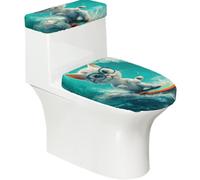 Funda elástica para tapa de inodoro y tapa de tanque de inodoro con parte inferior elástica, funda suave para asiento de inodoro, divertido gato surfista en el océano para decoración del hogar, juego