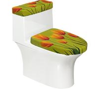 Funda elástica para tapa de inodoro y tapa de tanque de inodoro con parte inferior elástica, funda suave para asiento de inodoro, diseño floral de tulipanes para decoración del hogar, juego de 2