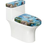 Funda elástica para tapa de inodoro y tapa de tanque de inodoro con parte inferior elástica, funda suave para asiento de inodoro, escena de verano, océano, barco, azul para decoración del hogar, juego