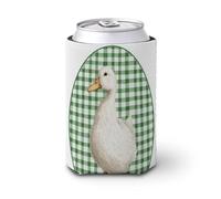 Funda enfriadora de latas de cerveza, bonito pato blanco en una cubierta ovalada verde a cuadros para latas de cerveza, soporte de bebidas aislado suave para fiestas, playa, eventos, hogar