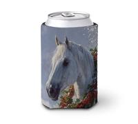 Funda enfriadora de latas de cerveza, caballo blanco con corona de bayas rojas de acebo de invierno, cubierta para latas de cerveza, enfriador de cerveza, soporte de bebidas aislado suave para fiestas