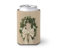 Funda enfriadora de latas de cerveza, corona de hoja perenne con lazo de terciopelo crema, cubierta para latas de cerveza, enfriador de cerveza, soporte de bebidas aislado suave para fiestas, playa
