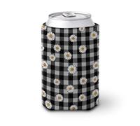 Funda enfriadora de latas de cerveza, cuadros blancos y negros con pequeñas margaritas, enfriador de cerveza, soporte de bebidas aislado suave para fiestas, playa, eventos, hogar