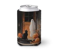 Funda enfriadora de latas de cerveza, fantasma blanco, gato negro, puerta de madera vieja, enfriador de cerveza, soporte de bebidas aislado suave para fiestas, playa, eventos, hogar