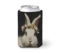 Funda enfriadora de latas de cerveza, hermoso conejo blanco con una corona floral, enfriador de cerveza, soporte de bebidas aislado suave para fiestas, playa, eventos, hogar
