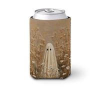 Funda enfriadora de latas de cerveza, Little Ghost in Wildflowers Field Beige Minimalista, enfriador de cerveza, soporte de bebidas aislado suave para fiestas, playa, eventos, hogar
