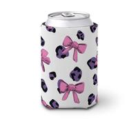 Funda enfriadora de latas de cerveza, patrón de estampado de leopardo con lazo rosa, enfriador de cerveza, soporte de bebidas aislado suave para fiestas, playa, eventos, hogar