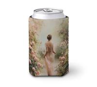 Funda enfriadora de latas de cerveza, romántica mujer caminando a través de rosas, jardín, enfriador de cerveza, soporte de bebidas aislado suave para fiestas, playa, eventos, hogar
