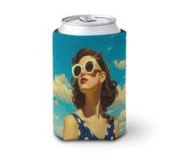 Funda enfriadora para latas de cerveza, retro y hermosa mujer con lentes de sol grandes, puede cubrir el enfriador de cerveza, soporte de bebidas suave aislado para fiestas, playa, eventos, hogar