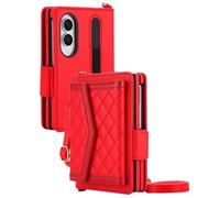 Funda Flip para Samsung Galaxy Z Fold 8 Cartera Cremallera S-Pen | Alta Capacidad, Cuero Elegante, Función Soporte, Funda Antigolpes, Cobertura Total, Antihuellas, Textura Premium(Red)