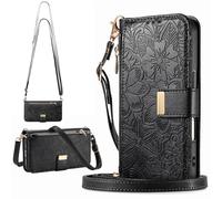 Funda Flor para Huawei Pura 80 Pro, Carcasa magnética con Correa Cruzada, Bolso de Mano con Bolsillo y Cremallera para Huawei Pura 80 Pro-Negro