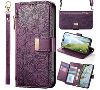 Funda Flor para OPPO A6s Pro 5G, Carcasa magnética con Correa Cruzada, Bolso de Mano con Bolsillo y Cremallera para OPPO A6s Pro 5G-Morado
