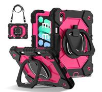 Funda For Tableta Compatible con iPad Mini 7 (A17 Pro) 2024/Mini 6 de 8,3", Resistente, a Prueba de Golpes, con Soporte Giratorio de 360 Grados, Correa de Mano y Correa de Hombro.(Black+Rose Red)
