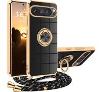 Funda Google Pixel 9 Pro con Cuerda, Colgante Ajustable, Carcasa TPU Bumper Anti-caída, Soporte 360°, Negro