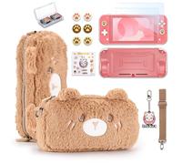 Funda innoAura Switch Lite, paquete de accesorios 14 en 1 con una bonita funda de transporte, protector de pantalla, funda para el juego y tapas para los pulgares (Oso marrón)