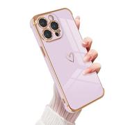Funda iPhone 15 Pro MAX para Niñas y Mujeres, Cover de Silicona Suave con Lindo Diseño de Corazón de Amor Marco Dorado Funda Protectora a Prueba de Golpes para iPhone 15 Pro MAX-Púrpura